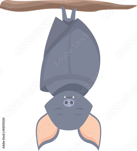 Cartoon grey bat sleeping upside down on a tree branch