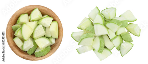 Wallpaper Mural diced zucchini or marrow in wooden bowl isolated on white background with  full depth of field. Top view. Flat lay Torontodigital.ca