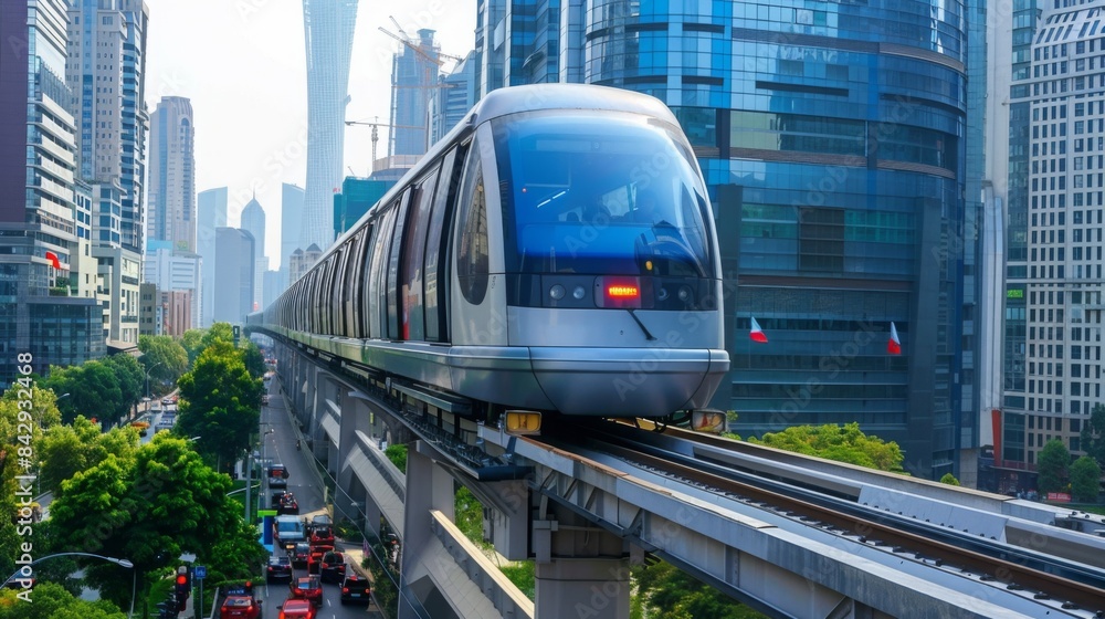 Naklejka premium Capturing a sleek monorail gliding above city streets, providing efficient and elevated transportation. --ar 16:9 --style raw Job ID: 107730ae-7b51-4e85-8b98-baee7467122c