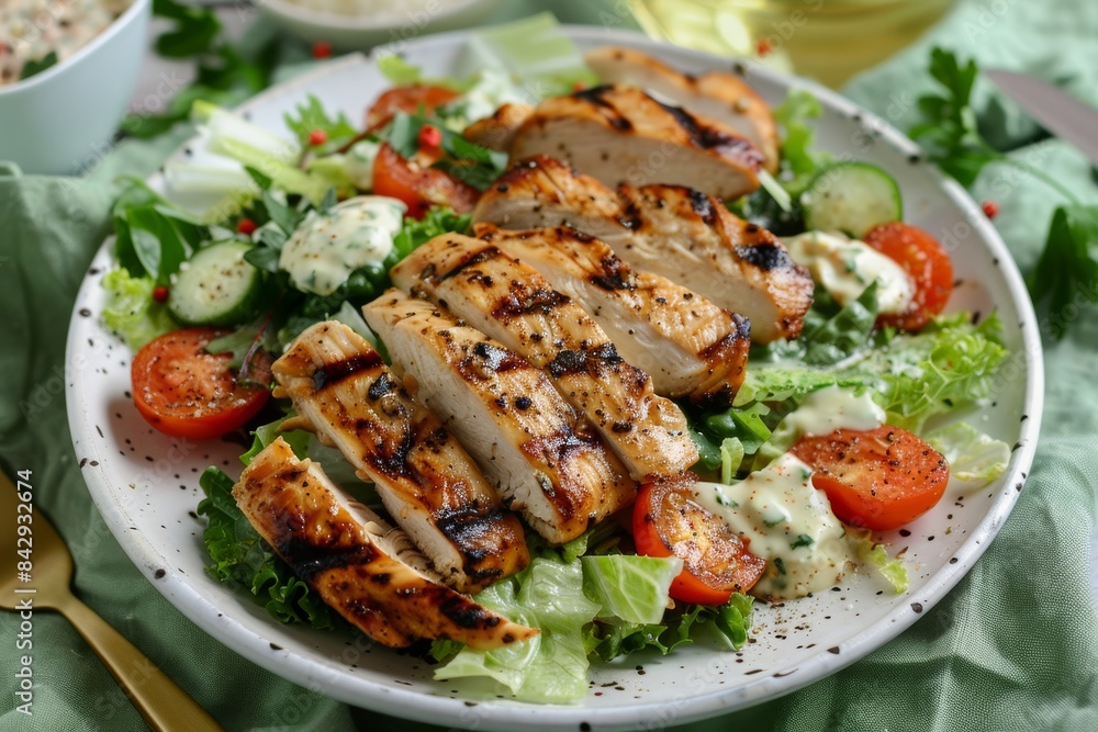 A Summery Salad With Grilled Chicken and Creamy Dressing A Summery Salad With Grilled Chicken and Creamy Dressing