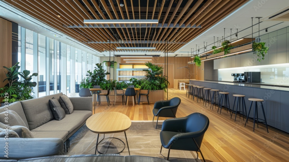 Future office with versatile event spaces, showcasing a dynamic, adaptable design, in a modern business hub, emphasizing social interaction. Future office with versatile event spaces, showcasing a dynamic, adaptable design, in a modern business hub, emphasizing social interaction.