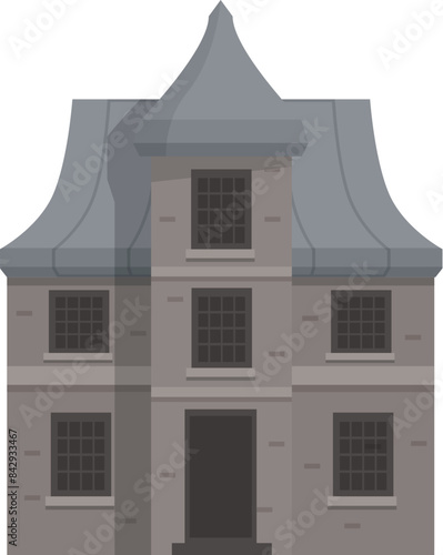 Old stone mansion with steep roof and barred windows standing on white background