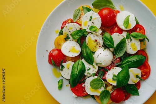 A Vibrant Caprese Salad With Fresh Basil and Cherry Tomatoes on a White Plate © Dmitrii