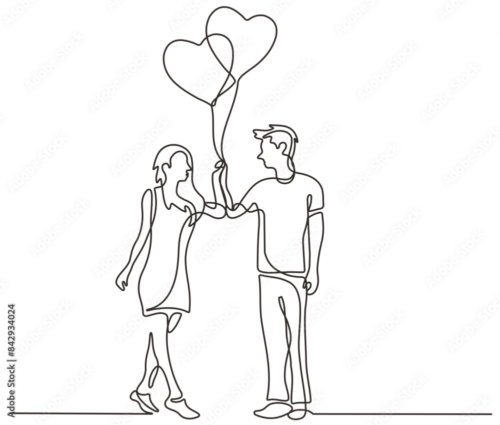 boy and girl walking together holding balloons continuing to draw lines. Valentines day concept Vector illustration
