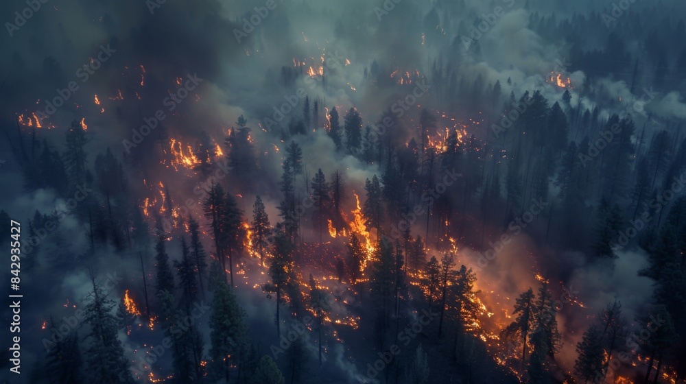 Aerial view of a vast expanse of forest consumed by flames, illustrating the scale of the wildfire Aerial view of a vast expanse of forest consumed by flames, illustrating the scale of the wildfire