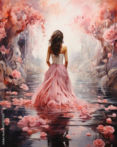Watercolor background of a wedding woman walking in a fairy garden