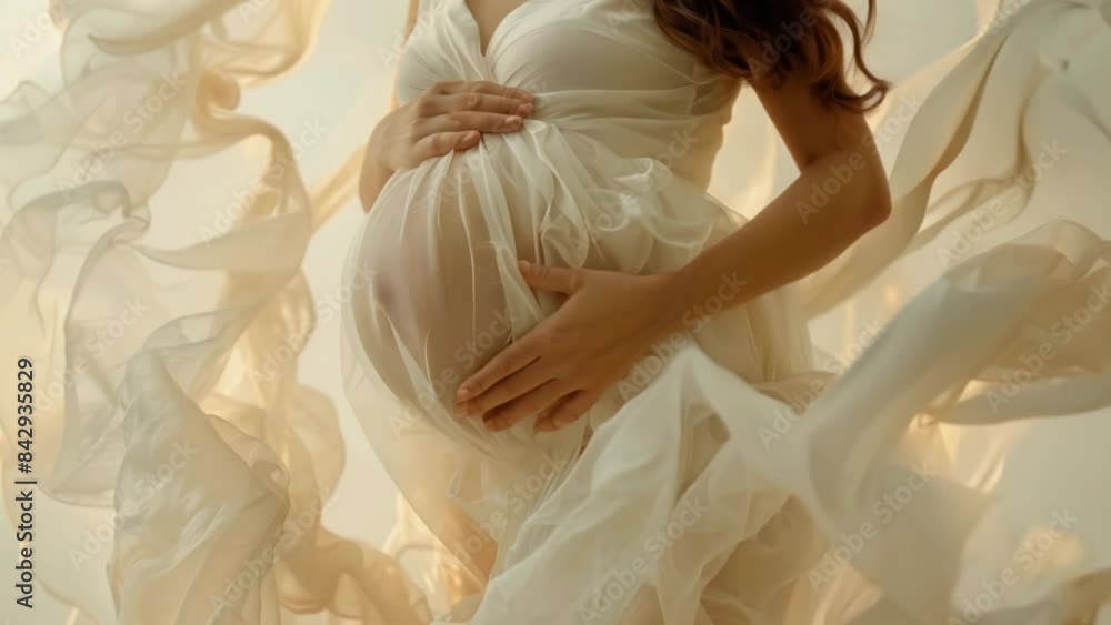 The beauty of motherhood and pregnancy. Pregnant woman with a belly in a beautiful transparent dress. The baby is growing in the tummy. Happy future mother waiting her little baby. The beauty of motherhood and pregnancy. Pregnant woman with a belly in a beautiful transparent dress. The baby is growing in the tummy. Happy future mother waiting her little baby.