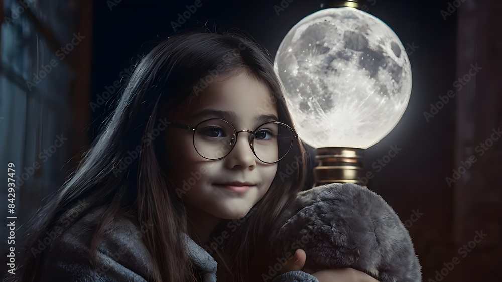 Naklejka premium the girl with middle long hair,street,under the lamp,moon,hug hardly Generative AI