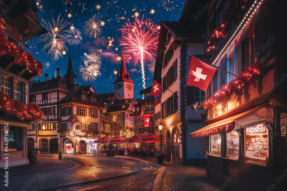 An evening view of a town square in Switzerland with buildings adorned with Swiss flags and red and white decorations, as fireworks light up the sky in celebration of Swiss National Day An evening view of a town square in Switzerland with buildings adorned with Swiss flags and red and white decorations, as fireworks light up the sky in celebration of Swiss National Day