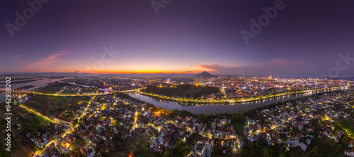 Aerial view of Nhan temple, tower is an artistic architectural work of Champa people in Tuy Hoa city, Phu Yen province, Vietnam. Sunset view photo