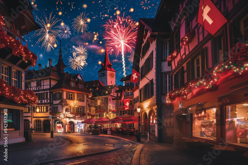 An evening view of a town square in Switzerland with buildings adorned with Swiss flags and red and white decorations  as fireworks light up the sky in celebration of Swiss National Day