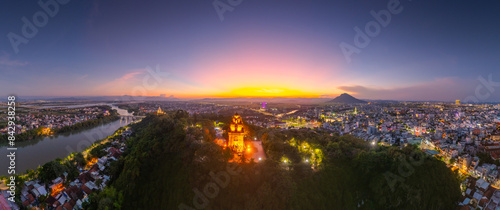 Aerial view of Nhan temple, tower is an artistic architectural work of Champa people in Tuy Hoa city, Phu Yen province, Vietnam. Sunset view photo