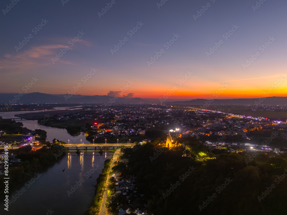 Aerial view of Nhan temple, tower is an artistic architectural work of Champa people in Tuy Hoa city, Phu Yen province, Vietnam. Sunset view Aerial view of Nhan temple, tower is an artistic architectural work of Champa people in Tuy Hoa city, Phu Yen province, Vietnam. Sunset view