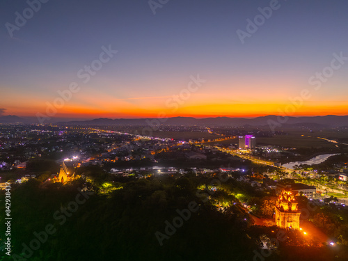 Aerial view of Nhan temple, tower is an artistic architectural work of Champa people in Tuy Hoa city, Phu Yen province, Vietnam. Sunset view