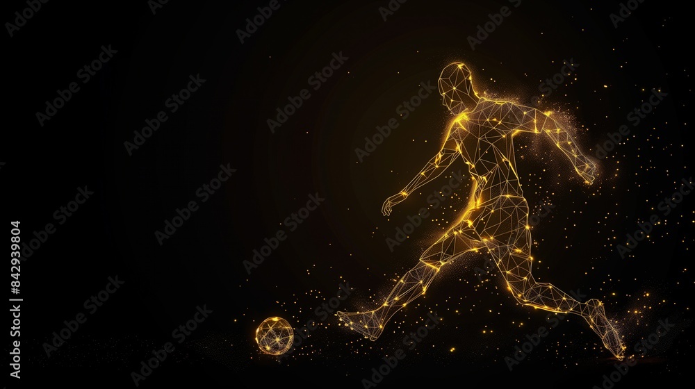 An abstract luminous silhouette of a professional Olympic soccer player playing soccer on a black background, line art An abstract luminous silhouette of a professional Olympic soccer player playing soccer on a black background, line art