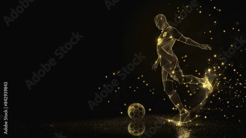 An abstract luminous silhouette of a professional Olympic soccer player playing soccer on a black background, line art © Erin