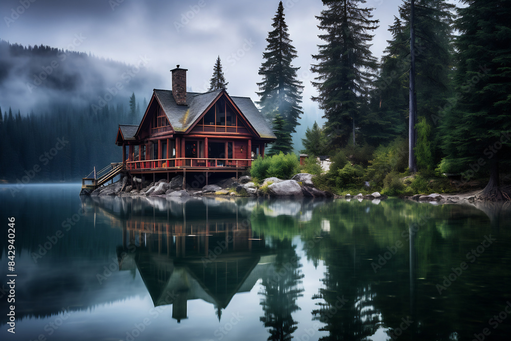 Obraz premium House overlooking lake by forest