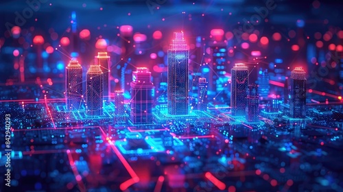 Futuristic Cityscape: Neon Glow and Digital Connectivity