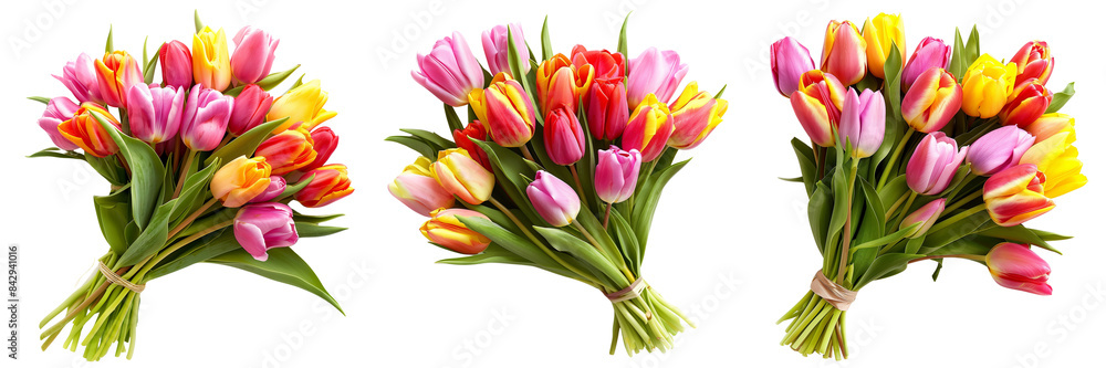 Set of Elegant wedding bouquet of fresh tulips in a close-up shot Set of Elegant wedding bouquet of fresh tulips in a close-up shot