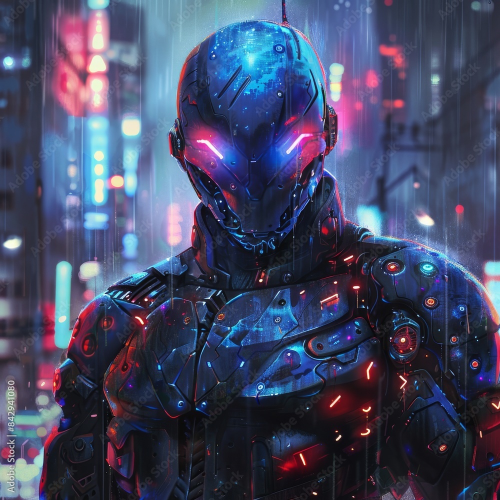 The image shows a robot with glowing blue and red eyes standing in the rain The image shows a robot with glowing blue and red eyes standing in the rain