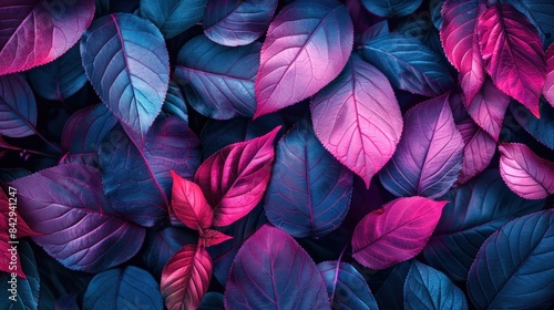 A close up of a bunch of leaves with a blue background. The leaves are pink and purple