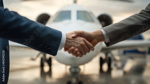 Two businessmen shaking hands in front of a private jet on the runway of an airport