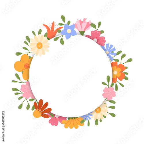 Round floral frame. Circle shaped decorative meadow flowers and leaves borders with copy space. Vector isolated illustration
