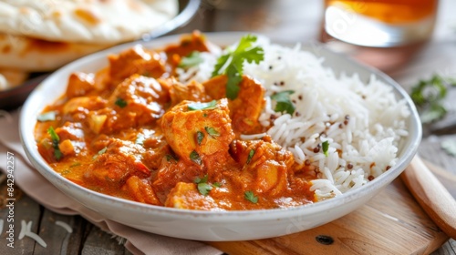 Close-up of a bowl of piping hot Indian chicken curry (murg curry) served with basmati rice photo