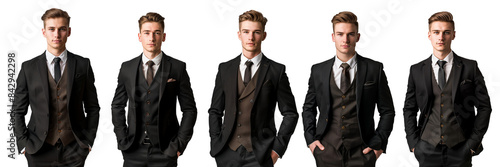 Set of A young businessman in a stylish black suit standing by a large window with a cityscape view "A young businessman in a stylish black suit” isolated on transparent png background