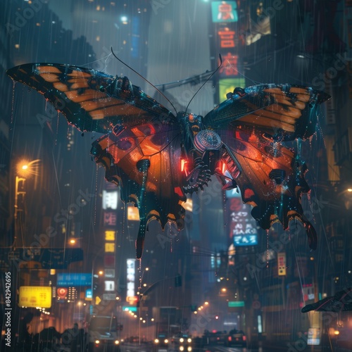 A digital painting of a butterfly with glowing wings flying over a rainy city at night. photo