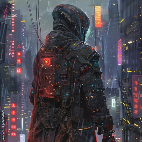 A cyberpunk character with a hood standing in the rain.