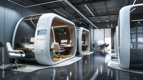 Modern office with biometric security and private work pods, designed in a sleek, futuristic style, set in a high-security corporate environment. 