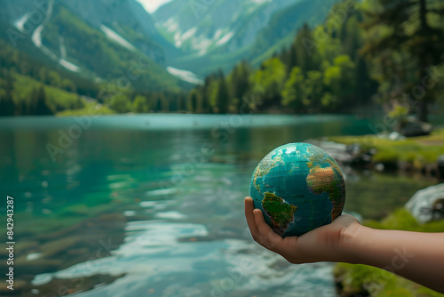 Hand holdin  earth globe near lake. World water  photo
