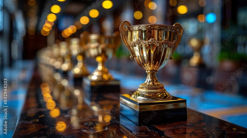 Several golden trophies lined up on a shiny marble surface, evoking a sense of competition Several golden trophies lined up on a shiny marble surface, evoking a sense of competition