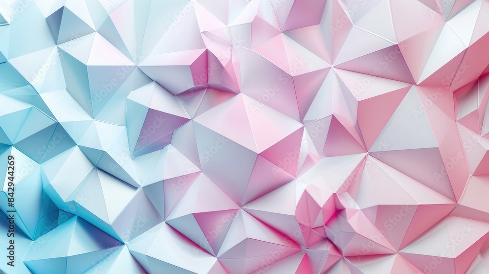 Fototapeta premium Smooth textures and soft pinks and blues in a pastel-colored 3D geometric design with interlocking triangles, high definition. 3D geometric pattern