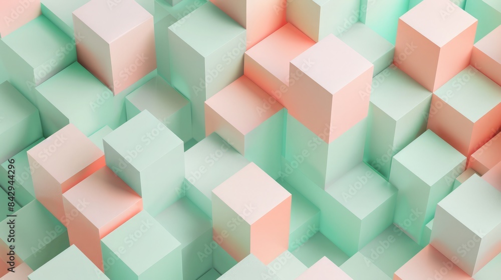 Mint green and peach tones in a high resolution gentle pastel 3D geometric pattern with layered cubes, modern and sleek. 3D geometric pattern Mint green and peach tones in a high resolution gentle pastel 3D geometric pattern with layered cubes, modern and sleek. 3D geometric pattern
