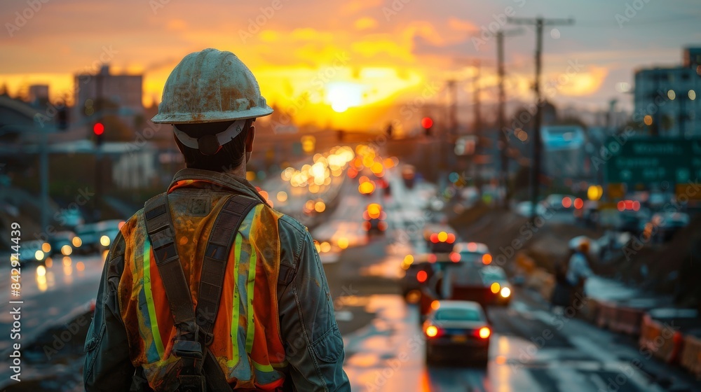 Construction worker in high-visibility gear looks over a roadwork scene at dusk Construction worker in high-visibility gear looks over a roadwork scene at dusk