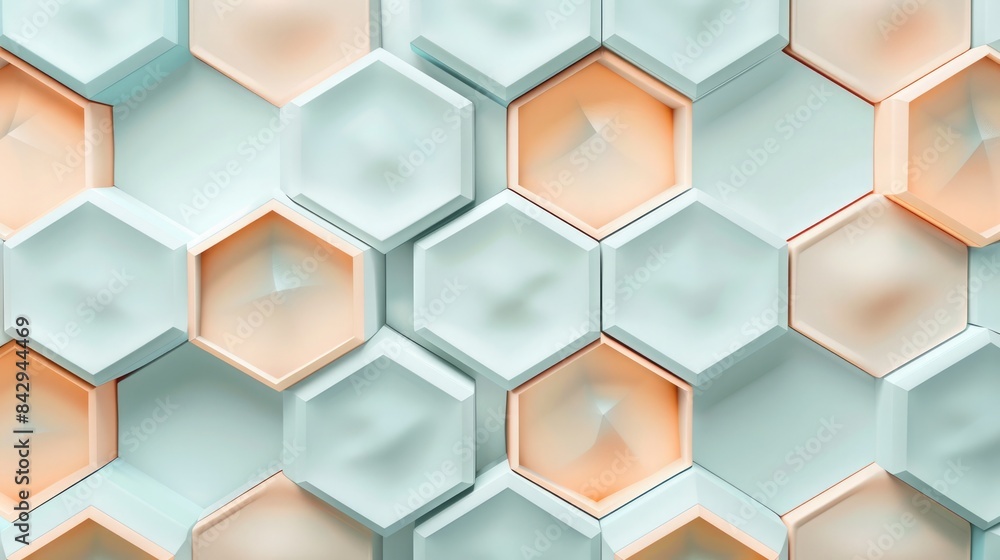 High resolution delicate pastel 3D geometric pattern with overlapping hexagons, pale peach and light blue, intricate details. 3D geometric pattern High resolution delicate pastel 3D geometric pattern with overlapping hexagons, pale peach and light blue, intricate details. 3D geometric pattern