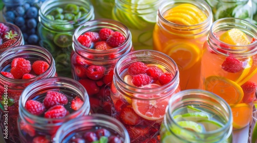 Close-up of a colorful array of fruit-infused water in glass jars, served at a wellness retreat