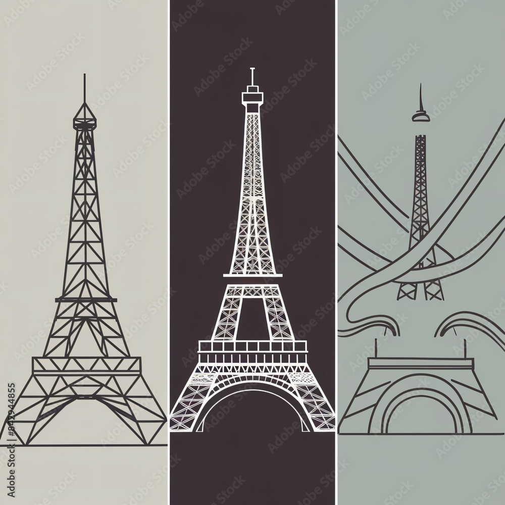 Obraz premium Three kinds of Eiffel Tower - minimalist image, Paris Olympics