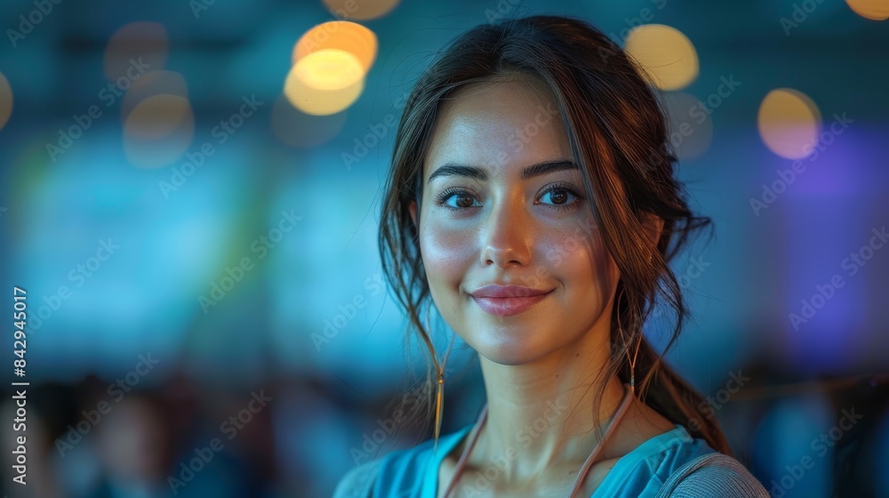 Serene and attractive young woman with an inviting smile and soft lighting at a social venue Serene and attractive young woman with an inviting smile and soft lighting at a social venue