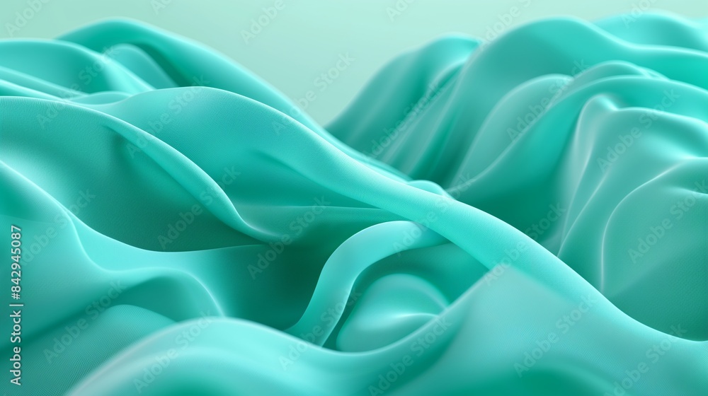 Fototapeta premium A 3D background depicting waves of digital fabric flowing in a virtual breeze, rendered in shades of turquoise and sea green, creating a calming yet sophisticated visual.