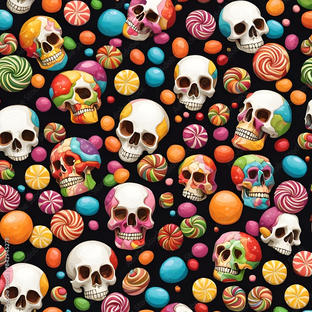 A Halloween Background With Candies And Skulls A Halloween Background With Candies And Skulls