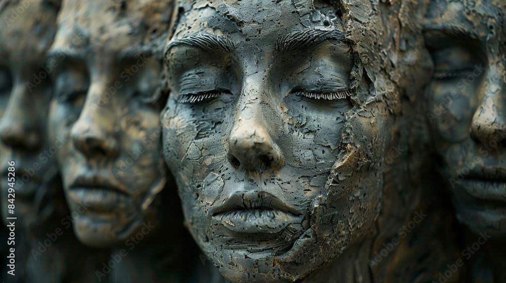 A close-up of a row of textured, sculptural faces with a focus on art and emotions