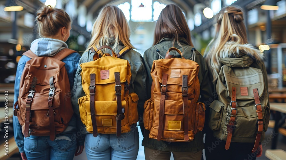 Four young women stand side by side with identical backpacks, symbolizing friendship and adventure Four young women stand side by side with identical backpacks, symbolizing friendship and adventure