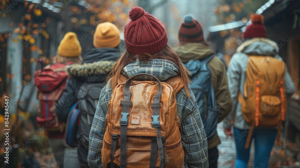 Friends in warm clothing explore a lane with autumn leaves, embodying the season's essence Friends in warm clothing explore a lane with autumn leaves, embodying the season's essence