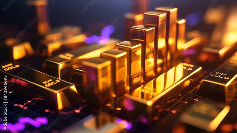 Naklejka premium A 3D bar chart made of gold bars with an upward trend, symbolizing profitable investments in the commodities market.