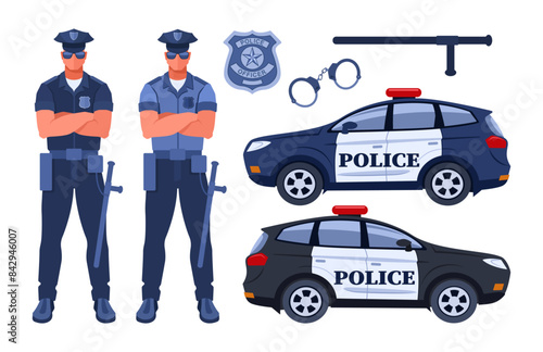 A set of illustrations on the theme of police and law, isolated on a white background. A policeman in a cap and uniform near a police car, along with a badge, handcuffs and a baton.