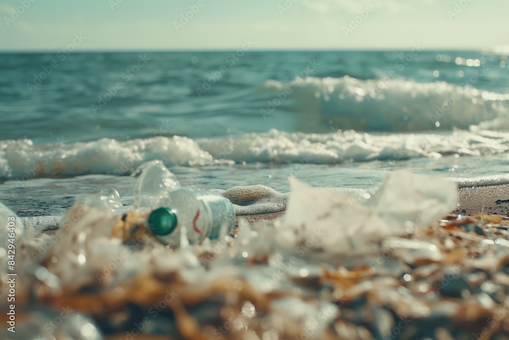 garbage and plastic bottles thrown onto the seashore. nature pollution garbage and plastic bottles thrown onto the seashore. nature pollution