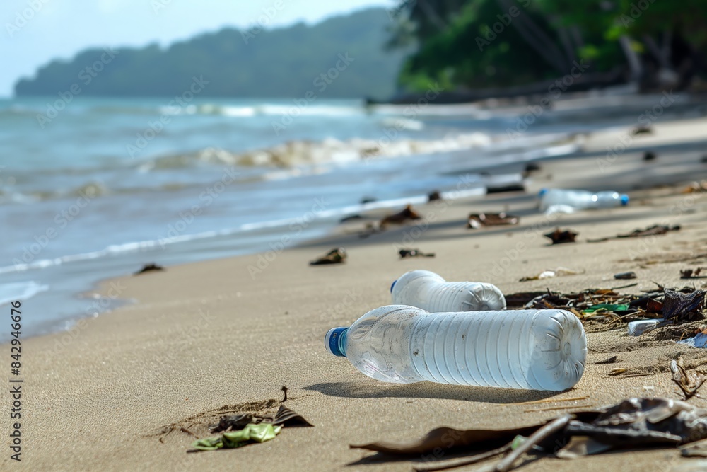 garbage and plastic bottles thrown onto the seashore. nature pollution garbage and plastic bottles thrown onto the seashore. nature pollution